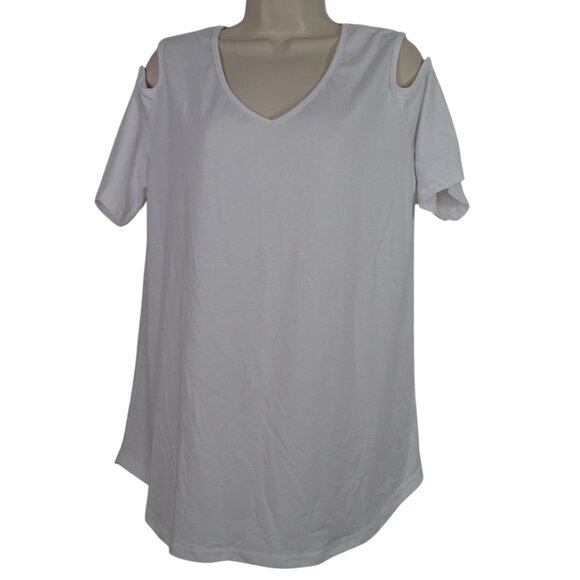 White Cold Shoulder V-Neck T-Shirt Women Size L Stretch Casual Knit Top - Picture 1 of 6